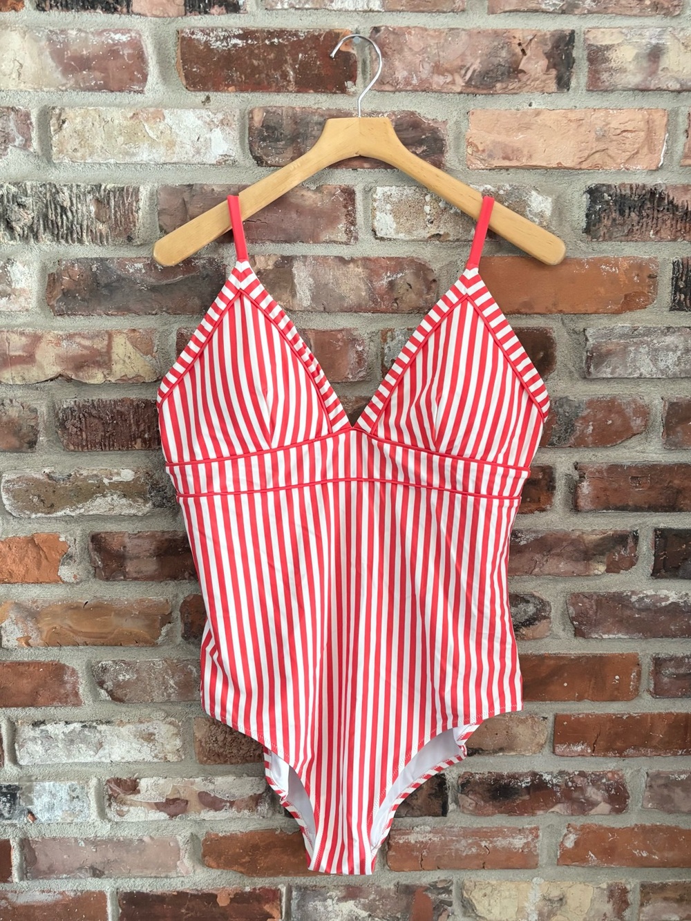 Boden Kasos String V Neck Red White Stripe One Piece Swimsuit, 20 Long